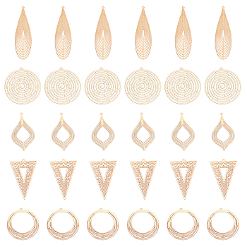 30Pcs 5 Style Brass Pendants, Etched Metal Embellishments, Flat Round & Triangle & Teardrop, Light Gold, 31.5~55x16~34x0.3mm, Hole: 1~1.5mm, 6pcs/style