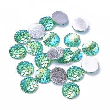 Resin Cabochons, Flat Round with Mermaid Fish Scale, Cyan, 12x3mm