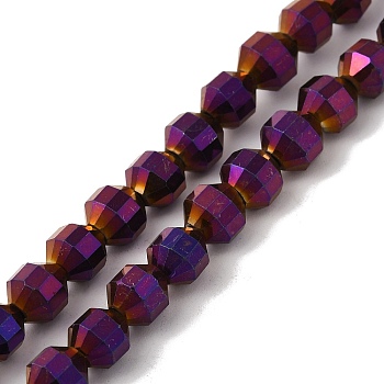 Electroplated Synthetic Non-magnetic Hematite Beads Strands, Faceted Bicone Barrel Drum, Purple Plated, 7~8mm, Hole: 1.4mm, about 53pcs/strand, 15.55''(39.5cm)