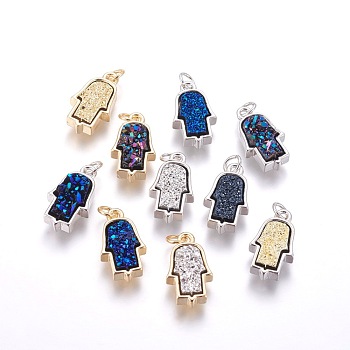 Druzy Resin Pendants, with Brass Finding, Hamsa Hand/Hand of Fatima/Hand of Miriam, Mixed Color, 19x11x4~6mm, Hole: 3mm