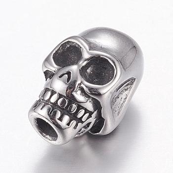 304 Stainless Steel Beads, Skull, Antique Silver, 16x10x12mm, Hole: 3mm