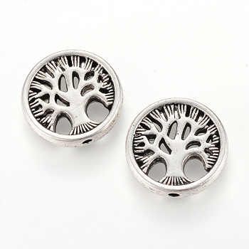 Tibetan Style Alloy Beads, Flat Round with Tree, Cadmium Free & Nickel Free & Lead Free, Antique Silver, 18x4mm, Hole: 1.5mm