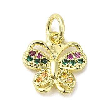 Real 18K Gold Plated Brass Pave Cubic Zirconia Pendants, with Jump Rings, Butterfly, Colorful, 11x10.5x2mm, Hole: 3mm