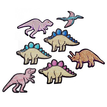 Rayon Embroidery Cloth Iron on/Sew on Patches, Paillette DIY Garment Accessories, Dinosaur, Mixed Color, 90~120x150~161x1~1.7mm, 7pcs/set
