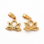 Ion Plating(IP) 304 Stainless Steel Charms, with Crystal Rhinestone and 201 Stainless Steel Snap On Bails, Lotus Charm, Golden, 12.5x14x2.8mm, Hole: 2.8x6mm(STAS-F292-12G)