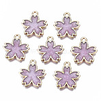 Rack Plating Alloy Epoxy Resin Pendants, with Scallion Powder Cadmium Free & Nickel Free & Lead Free, Light Gold, Flower, Medium Purple, 20x18x2mm, Hole: 1.8mm(PALLOY-T083-02D)