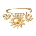 304 Stainless Steel Pendant Brooches, Safety Pin Brooches, Sun & Flower & Heart, with Plastic Pearl, Golden, 76.5x19.5mm(SA-E001-05G)