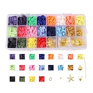 DIY Heishi Beads Jewelry Kits, with Handmade Polymer Clay Beads, Alloy Pendants, Elastic Thread, Brass Spacer Beads & Ball Head Pins & Jump Rings, Scissors, Golden, 8x0.5~1mm, Hole: 2mm, about 3420~3800pcs(DIY-SZ0001-02-8mm)
