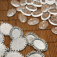 DIY Tibetan Style Pendant Cabochon Settings and Oval Transparent Clear Glass Cabochons, Lead Free & Cadmium Free & Nickel Free, Antique Silver, Pendant: 39x28x2mm, Hole: 2mm, Glass: 18x25x5.4mm(TIBEP-MSMC021-38AS-NR)