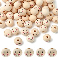 Printed Natural Wood European Beads, Large Hole Beads, Round with Smile Face, Lead Free, Undyed, PapayaWhip, 19~20x17.5~18mm, Hole: 4.5mm(WOOD-T019-13B-01)