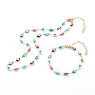 Brass Enamel Evil Eye Link Chain Bracelets & Necklaces Jewelry Sets, with 304 Stainless Steel Lobster Claw Clasps, Golden, Colorful, 17.12 inch(43.5cm), 7-3/8 inch(18.7cm)(SJEW-JS01185)