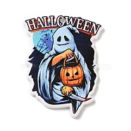 Halloween Themed Opaque Printed Acrylic Pendants, Ghost with Pumpkin Charm, Ghost, 43.5x33x2mm, Hole: 2mm(SACR-L004-01A)