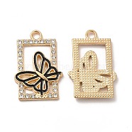 Alloy Enamel Pendants, with Crystal Rhinestone, Rectangle with Butterfly Charm, Light Gold, 26x17x1.5mm, Hole: 2.5mm(FIND-G048-29KCG)