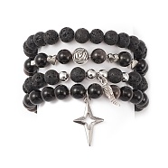 4Pcs 4 Style Natural Silver Obsidian & Lava Rock Stretch Bracelets Set, 304 Stainless Steel Wing & Star Charms Stackable Bracelets wtih Alloy Rose Beaded, Inner Diameter: 2-1/4 inch(5.6cm), 1Pc/style(BJEW-JB09480)