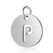 304 Stainless Steel Charms, Flat Round with Letter, Stainless Steel Color, Letter.P, 12x1mm, Hole: 2.5mm(STAS-S105-T514S-P)