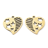 Ion Plating(IP) 316L Surgical Stainless Steel Pendants, Hollow, Heart with Star Charm, Real 18K Gold Plated, 15.5x15x1mm, Hole: 1.2mm(STAS-D046-16G)