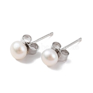 Natural Pearl Round Bead Stud Earrings, with Real Platinum Plated 925 Sterling Silver Findings, White, 14x4~5mm(EJEW-E298-01A-01P)