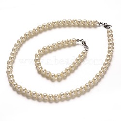 Stainless Steel Dyed Glass Pearl Round Bead Strands and Bracelets Jewelry Sets, with 304 Stainless Steel Lobster Clasps, Beige, 16.9 inch(429mm), 190mm(7-1/2 inch)(SJEW-M039-01B)