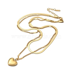 304 Stainless Steel Herringbone & Curb Chains Double Layer Necklaces, with Heart Pendants, Golden, 15.83 inch(40.2cm)(NJEW-H024-06G)