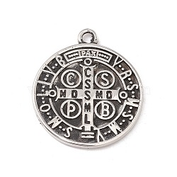 304 Stainless Steel Pendants, Flat Round with Cssml Ndsmd Cross God Father Religious Christianity, Antique Silver, 24x20x1.5mm, Hole: 1.8mm(STAS-E158-19AS)