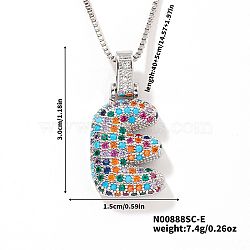 Brass Pave Colorful Cubic Zirconia Letter Pendant Box Chain Necklaces, Platinum, Letter E, 15.75 inch(40cm)(NU0575-31)