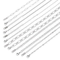 6Pcs 6 Styles 304 Stainless Steel Figaro Chain & Curb Chain & Box Chain & Water Wave Chain & Cable Chain Necklaces Sets for Women, Non-Tarnish, Stainless Steel Color, 16.10~19.57 inch(40.9~49.7cm), 1pc/style(NJEW-TADJ0003)