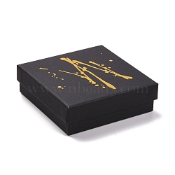 Hot Stamping Cardboard Jewelry Packaging Boxes, with Sponge Inside, for Rings, Small Watches, Necklaces, Earrings, Bracelet, Square, Black, 9.15x9.15x2.9cm(CON-B007-01C)
