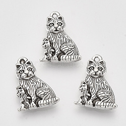 Tibetan Style Alloy Kitten Pendants,  Cadmium Free & Lead Free, Mother Cat & Baby Cat Shape, Antique Silver, 20.5x15.5x3.5mm, Hole: 1.2mm(X-TIBEP-T009-15AS-RS)