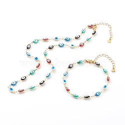 Brass Enamel Evil Eye Link Chain Bracelets & Necklaces Jewelry Sets, with 304 Stainless Steel Lobster Claw Clasps, Golden, Colorful, 17.12 inch(43.5cm), 7-3/8 inch(18.7cm)(SJEW-JS01185)