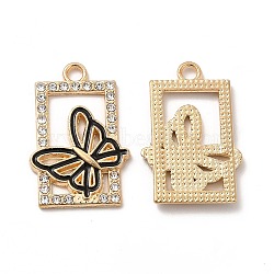 Alloy Enamel Pendants, with Crystal Rhinestone, Rectangle with Butterfly Charm, Light Gold, 26x17x1.5mm, Hole: 2.5mm(FIND-G048-29KCG)
