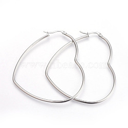 Tarnish Resistant 201 Stainless Steel Hoop Earrings, with 304 Stainless Steel Pin, Heart, Stainless Steel Color, 55x48x2mm, 12 Gauge, Pin: 1mm(EJEW-A052-09A)