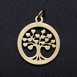 304 Stainless Steel Pendants, with Unsoldered Jump Rings, Flat Round with Tree of Life, Golden, 19x16x1mm, Jump Ring: 5x1mm, 3mm inner diameter.(STAS-T046-JA350-2A)