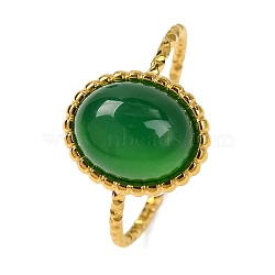 Oval Natural Dyed & Heated Green Onyx Agate Finger Rings, Golden Tone 304 Stainless Steel Open Cuff Rings for Women, US Size 8 1/2(18.5mm)(RJEW-Q822-55G-01)