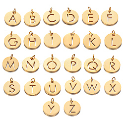 304 Stainless Steel Charms, Flat Round with Alphabet, Letter A~Z, 12x1mm, Hole: 2.5mm, 1pc/letter, 26letters(STAS-X0017-23G)