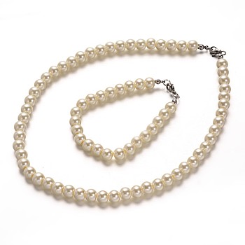 Stainless Steel Dyed Glass Pearl Round Bead Strands and Bracelets Jewelry Sets, with 304 Stainless Steel Lobster Clasps, Beige, 16.9 inch(429mm), 190mm(7-1/2 inch)