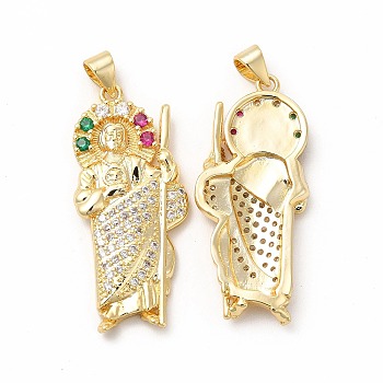 Rack Plating Brass Micro Pave Cubic Zirconia Pendants, Long-Lasting Plated, Cadmium Free & Lead Free, Religion Saint Jude Charm, Real 18K Gold Plated, 35x15.5x3.8mm, Hole: 3.5x4.2mm