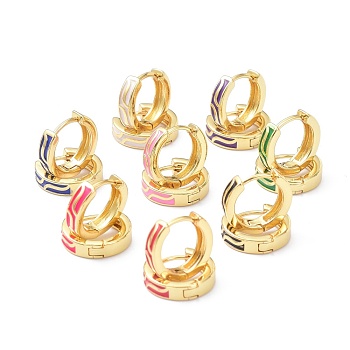 Brass Enamel Hoop Earrings, Real 18K Gold Plated, Ring, Cadmium Free & Lead Free, Mixed Color, 13x13.5x3mm, Pin: 0.8mm