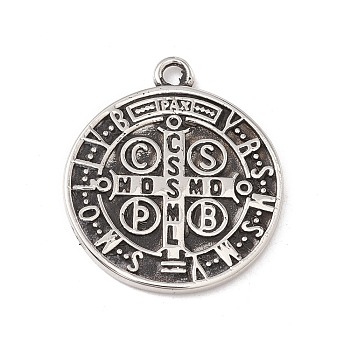 304 Stainless Steel Pendants, Flat Round with Cssml Ndsmd Cross God Father Religious Christianity, Antique Silver, 24x20x1.5mm, Hole: 1.8mm