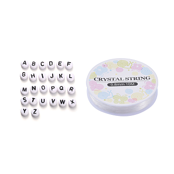520Pcs Alphabet Acrylic Beads, with 1 Roll Elastic Crystal Thread, Flat Round, Letter A~Z, 7x4mm, Hole: 1mm, 26 letters, 20pcs/letter