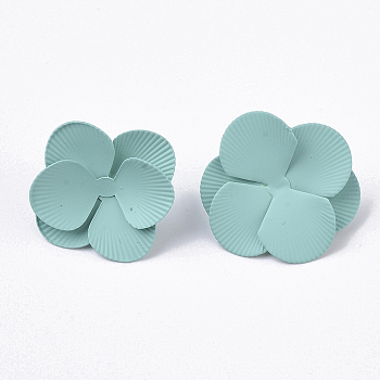 Spray Painted Iron Stud Earring Settings, with Earring Backs/Ear Nuts, Flower, Medium Turquoise, 30x29~30x11mm, Pin: 1mm