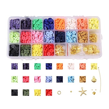DIY Heishi Beads Jewelry Kits, with Handmade Polymer Clay Beads, Alloy Pendants, Elastic Thread, Brass Spacer Beads & Ball Head Pins & Jump Rings, Scissors, Golden, 8x0.5~1mm, Hole: 2mm, about 3420~3800pcs