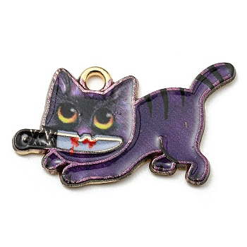 Printed Alloy Pendants, with Enamel, Golden, Cadmium Free & Nickel Free & Lead Free, Cat with Knife Shape Charms, Purple, 17x29x1.5mm, Hole: 2mm