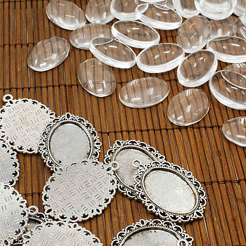 DIY Tibetan Style Pendant Cabochon Settings and Oval Transparent Clear Glass Cabochons, Lead Free & Cadmium Free & Nickel Free, Antique Silver, Pendant: 39x28x2mm, Hole: 2mm, Glass: 18x25x5.4mm