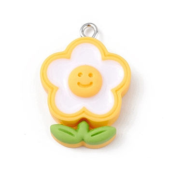 Opaque Resin Pendants, Cute Charms, with Platinum Tone Iron Loops, Flower, 27.5x19x6.5mm, Hole: 2mm