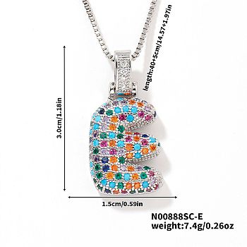 Brass Pave Colorful Cubic Zirconia Letter Pendant Box Chain Necklaces, Platinum, Letter E, 15.75 inch(40cm)