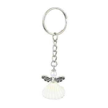 Angel Shell Pendant Keychain, with Iron Keychain Ring, Antique Silver & Platinum, 8.1cm