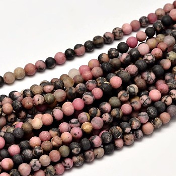 Frosted Natural Rhodonite Round Bead Strands, 4mm, Hole: 0.8mm, about 85~90pcs/strand, 15 inch