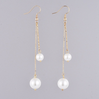 Dangle Earrings, with Glass Pearl Beads, Iron Bar Links, Golden Plated Brass Cable Chains and Earring Hooks, Golden, 88mm, Pin: 0.7mm