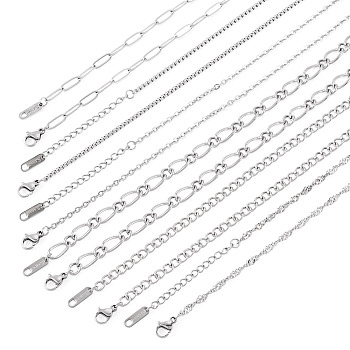 6Pcs 6 Styles 304 Stainless Steel Figaro Chain & Curb Chain & Box Chain & Water Wave Chain & Cable Chain Necklaces Sets for Women, Non-Tarnish, Stainless Steel Color, 16.10~19.57 inch(40.9~49.7cm), 1pc/style