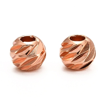 Brass Corrugated Beads, Long-Lasting Plated, Round, Real Rose Gold Plated, 4.5x4mm, Hole: 1.8mm